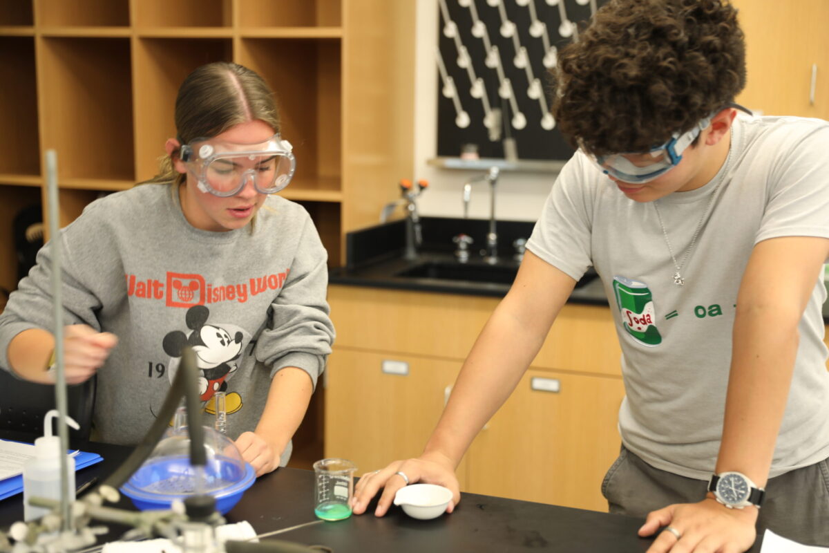 A male and female student watching a chemical reaction in chemistry - Full Size