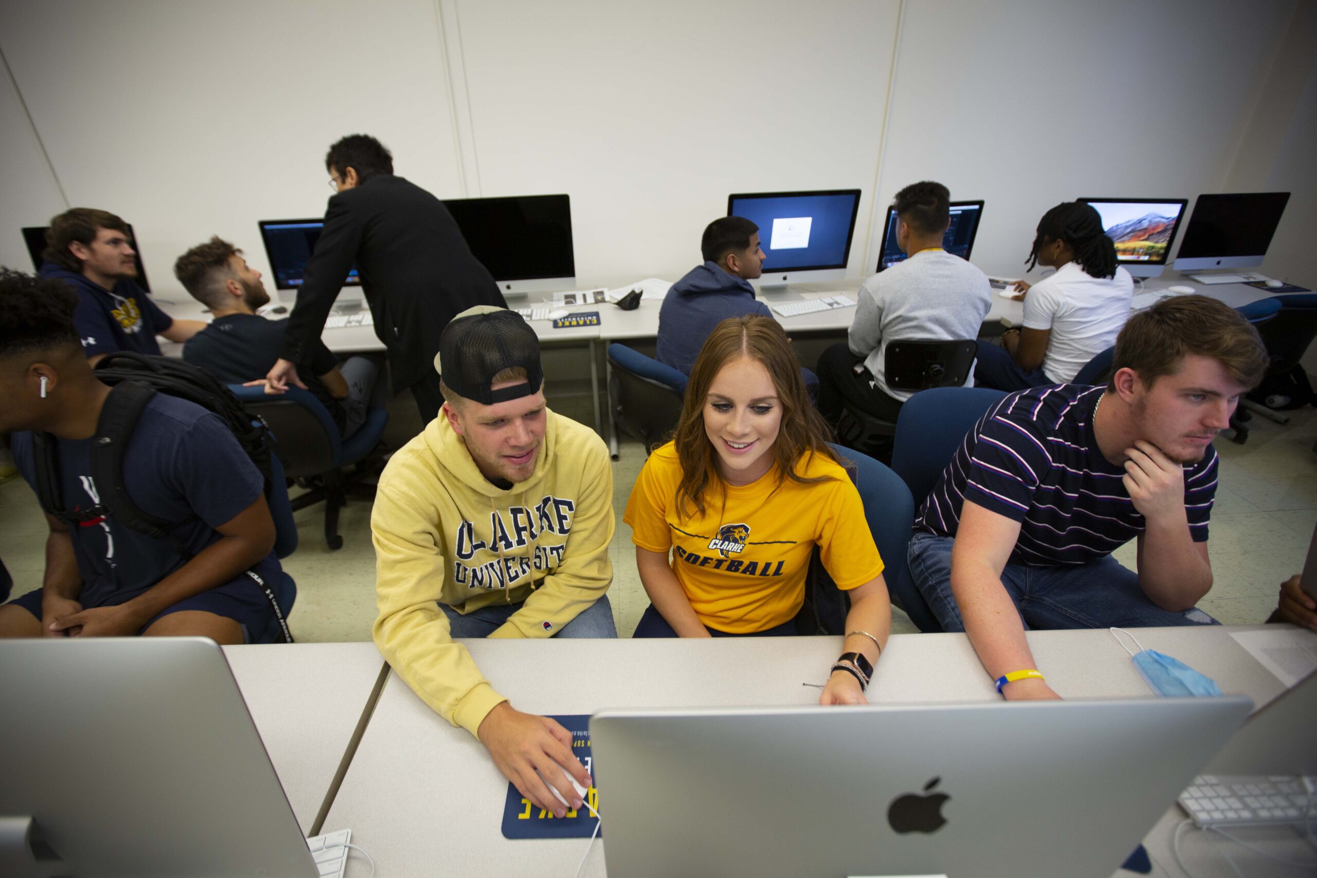Clarke University Sport Management Major student working on a Sport Management video project.