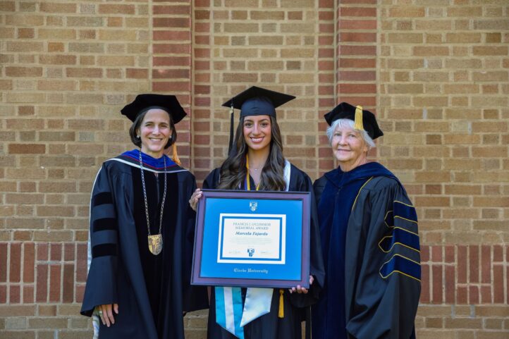 From left to right, Clarke University President Yvonne Zimmerman, Francis J O'Conner Memorial Awrad Winner Marcela Fajardo, and Board of Trustees Chair Carolyn Haupert '66