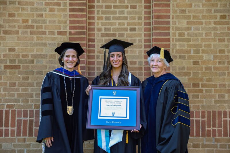 From left to right, Clarke University President Yvonne Zimmerman, Francis J O'Conner Memorial Awrad Winner Marcela Fajardo, and Board of Trustees Chair Carolyn Haupert '66