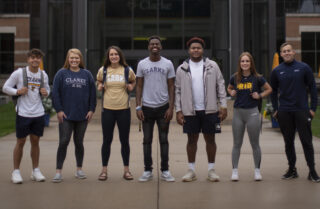 group of students outside building