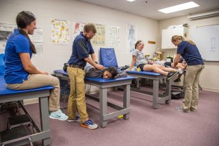 Athletic Training degree students work on each other with feux injuries to practice proper techniques.