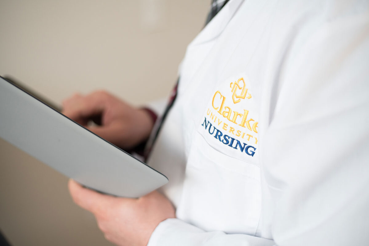 Close up of Clarke Nursing lab coat - Full Size